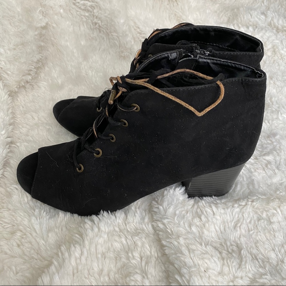 Bamboo Black Suede Lace Up Peep Toe Bootie - Picture 6 of 10